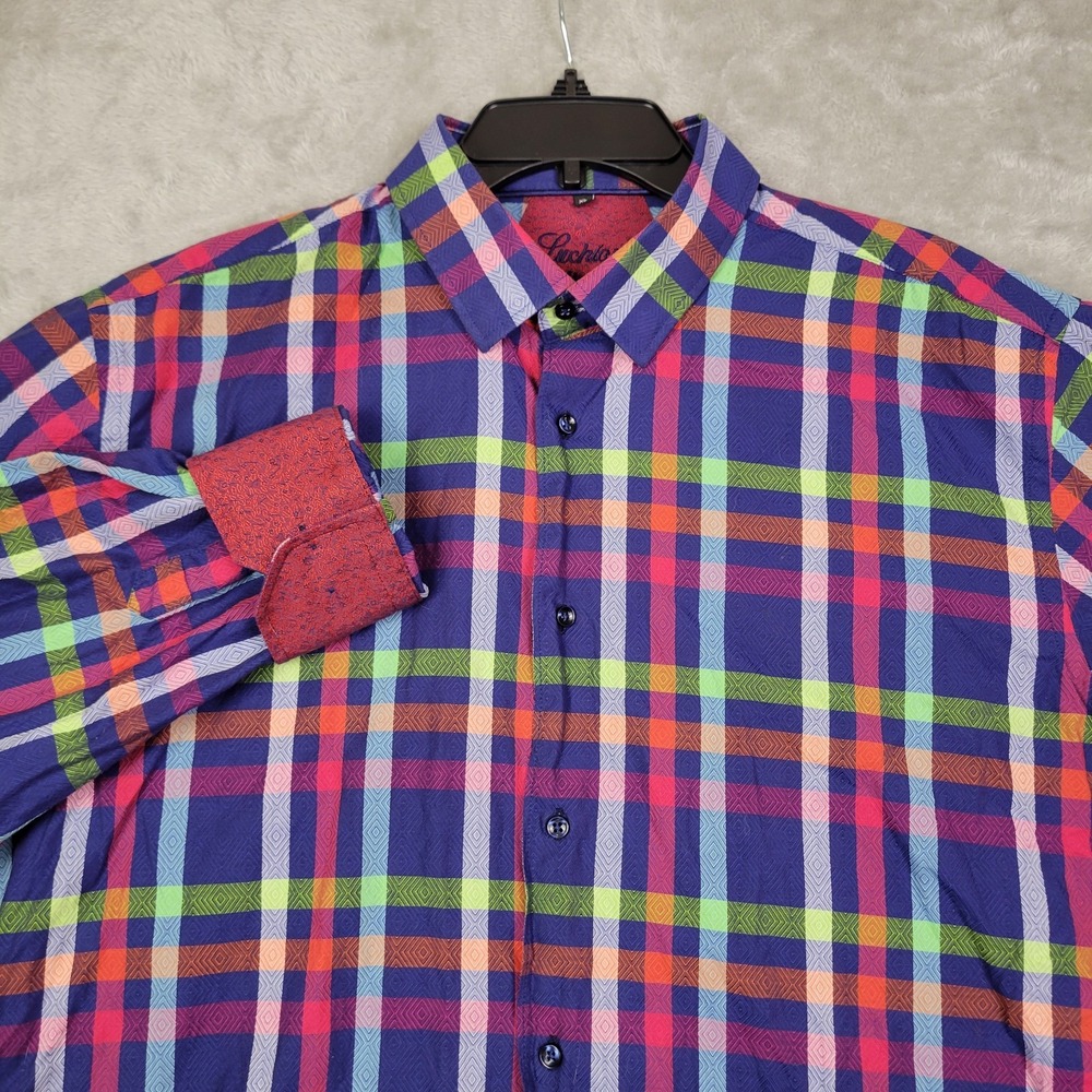 LUCIANO VISCONTI Button Up Shirt Men's Size‎ XL Flip Cuff Multi-Color Plaid